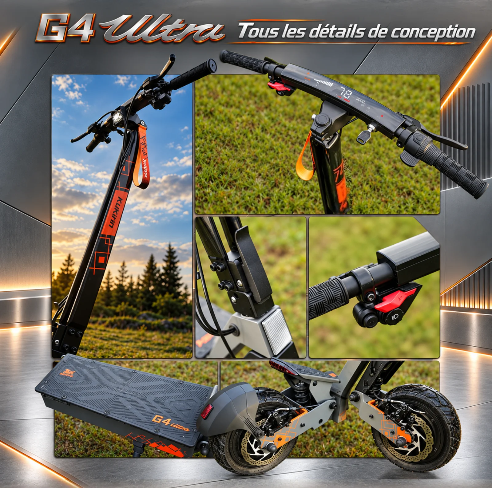 Détails du KuKirin G4 Ultra montrant mât, logo, sangle, écran, commandes, suspension et plateforme