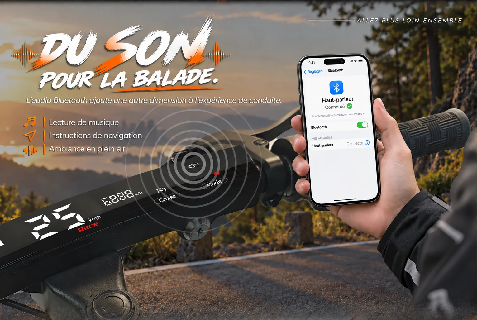 KuKirin G4 Ultra connectée en Bluetooth à un smartphone pour musique et navigation