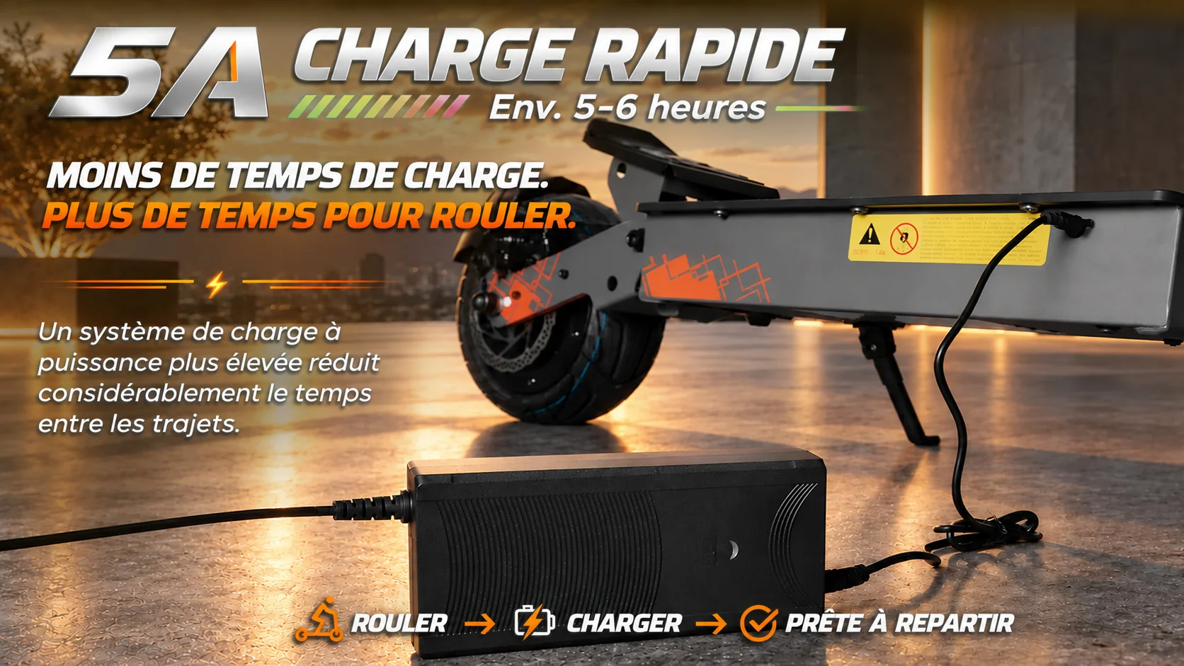 Chargeur rapide 5A connecté à la KuKirin G4 Ultra avec recharge en 5 à 6 heures
