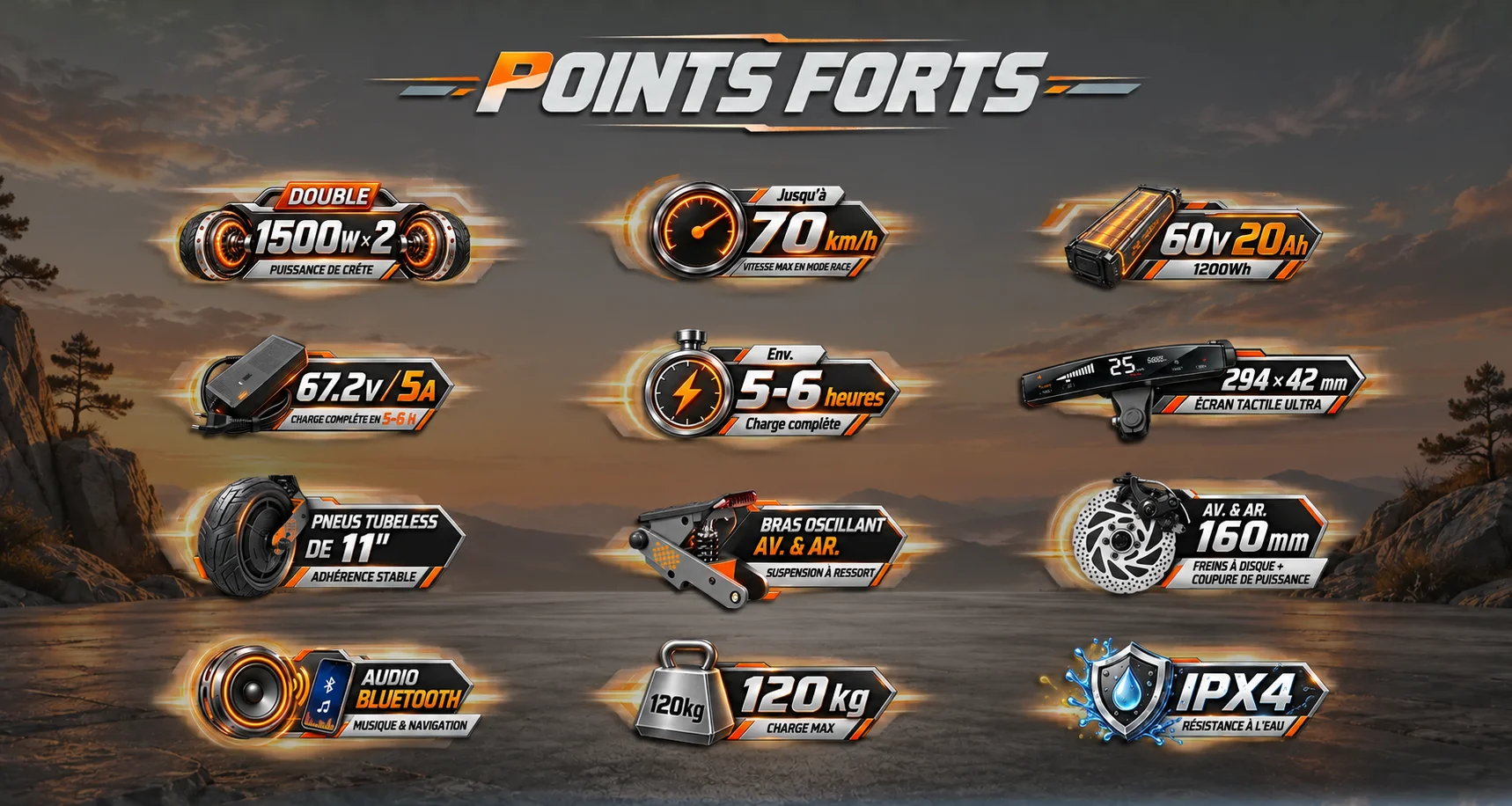 Points forts KuKirin G4 Ultra avec 2000W, 70 km/h, batterie 60V, pneus 11 pouces et freins 160 mm
