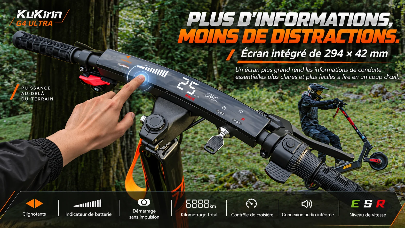 Écran tactile KuKirin G4 Ultra de 294 × 42 mm affichant 25 km/h et les informations de conduite